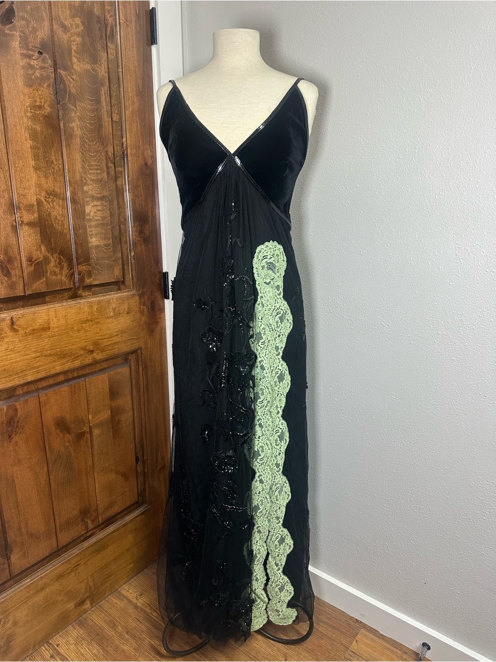 Gucci Black Maxi Slip Evening Dress with Mint Lace Panel